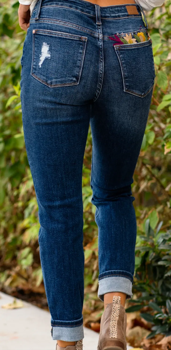 High Rise Embroidered Jeans