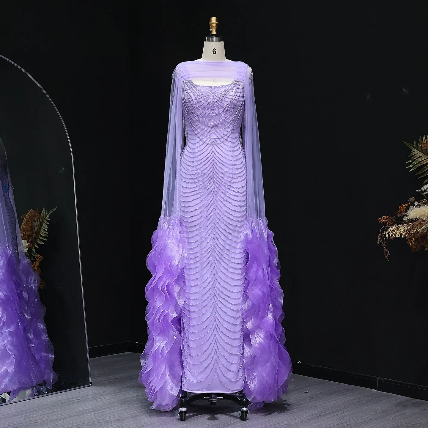 Luxury Beading Purple Evening Dress with Cape Sleeves SS280