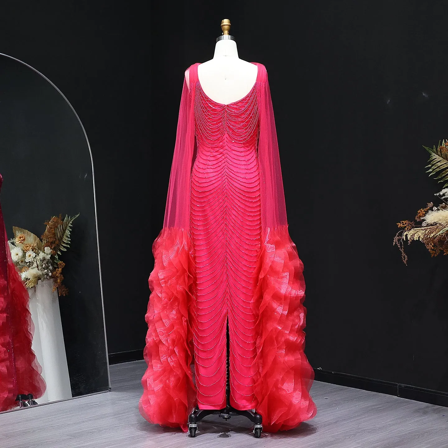 Luxury Beading Purple Evening Dress with Cape Sleeves SS280