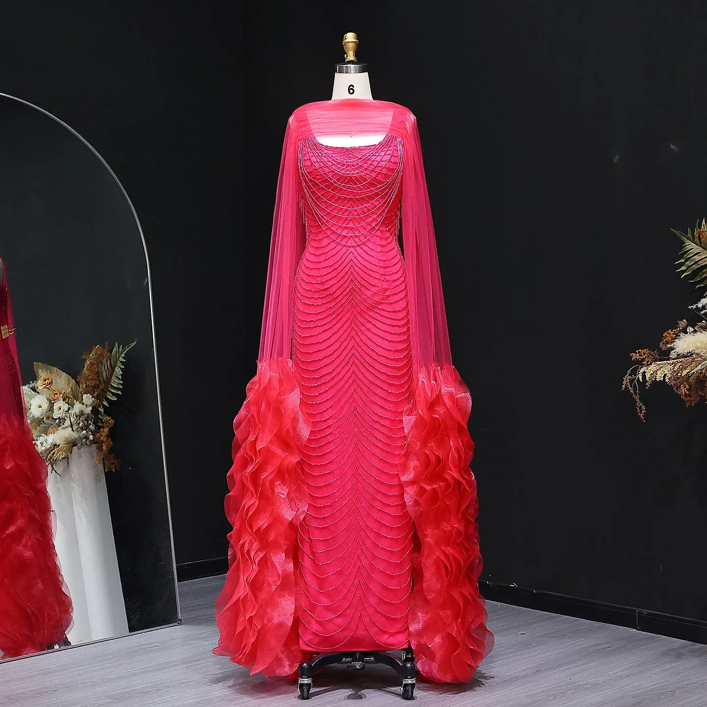 Luxury Beading Purple Evening Dress with Cape Sleeves SS280