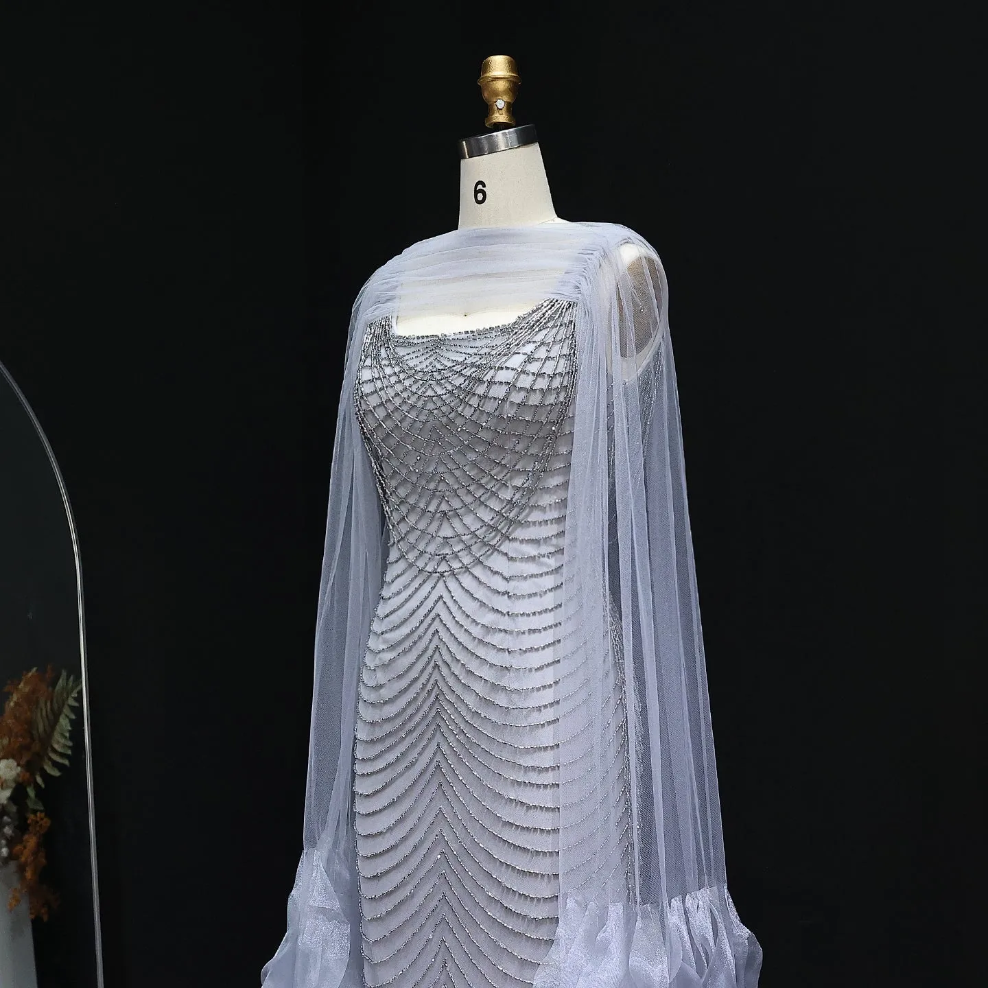 Luxury Beading Purple Evening Dress with Cape Sleeves SS280