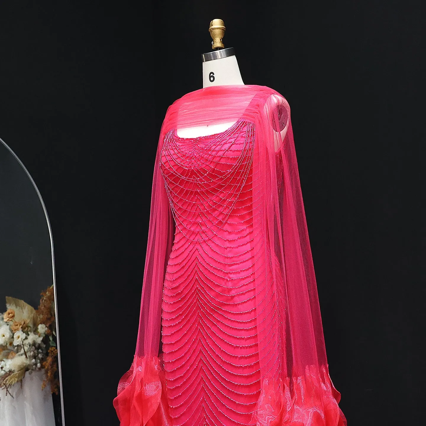 Luxury Beading Purple Evening Dress with Cape Sleeves SS280