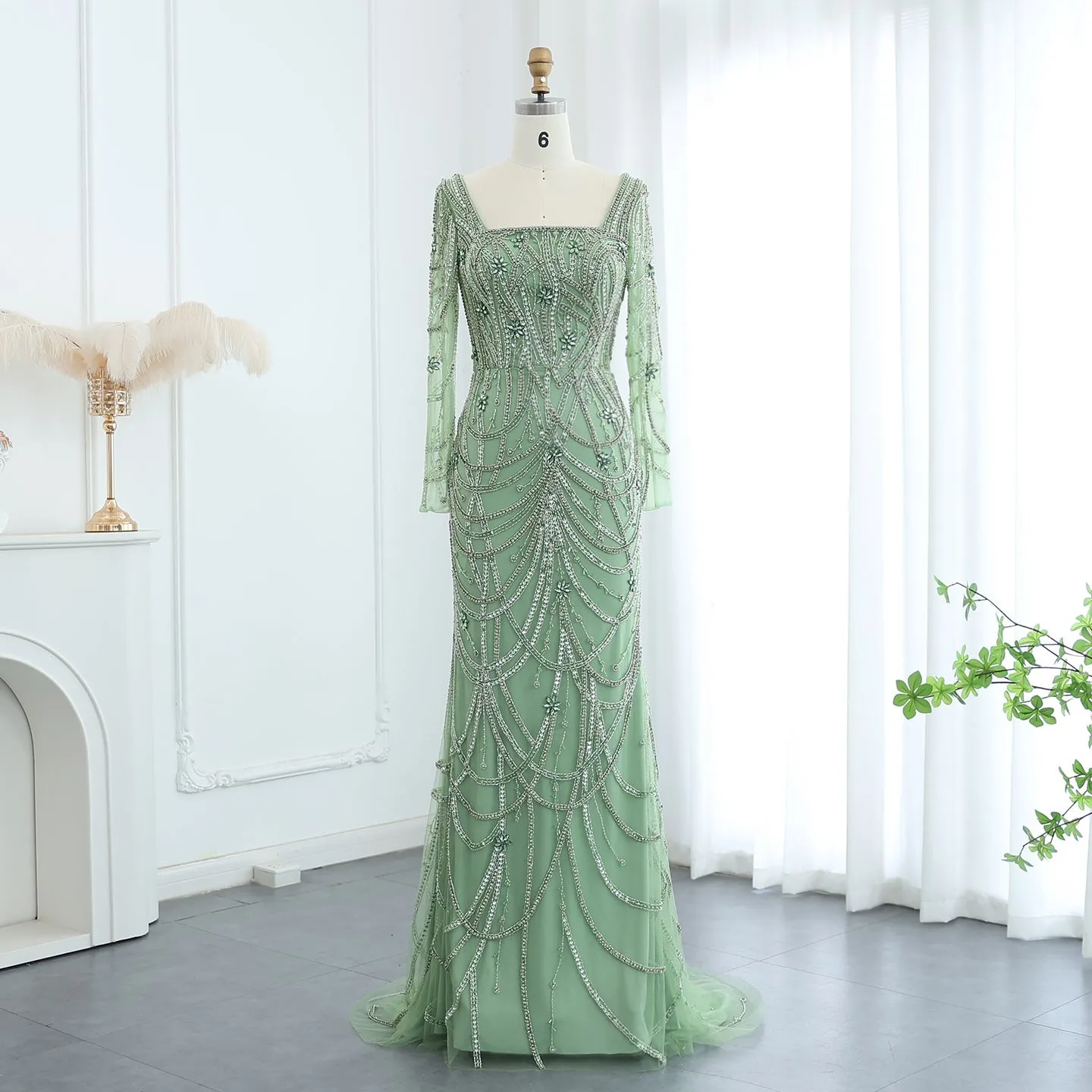 Luxury Green Long Sleeves Square Neck Evening Dress SS163