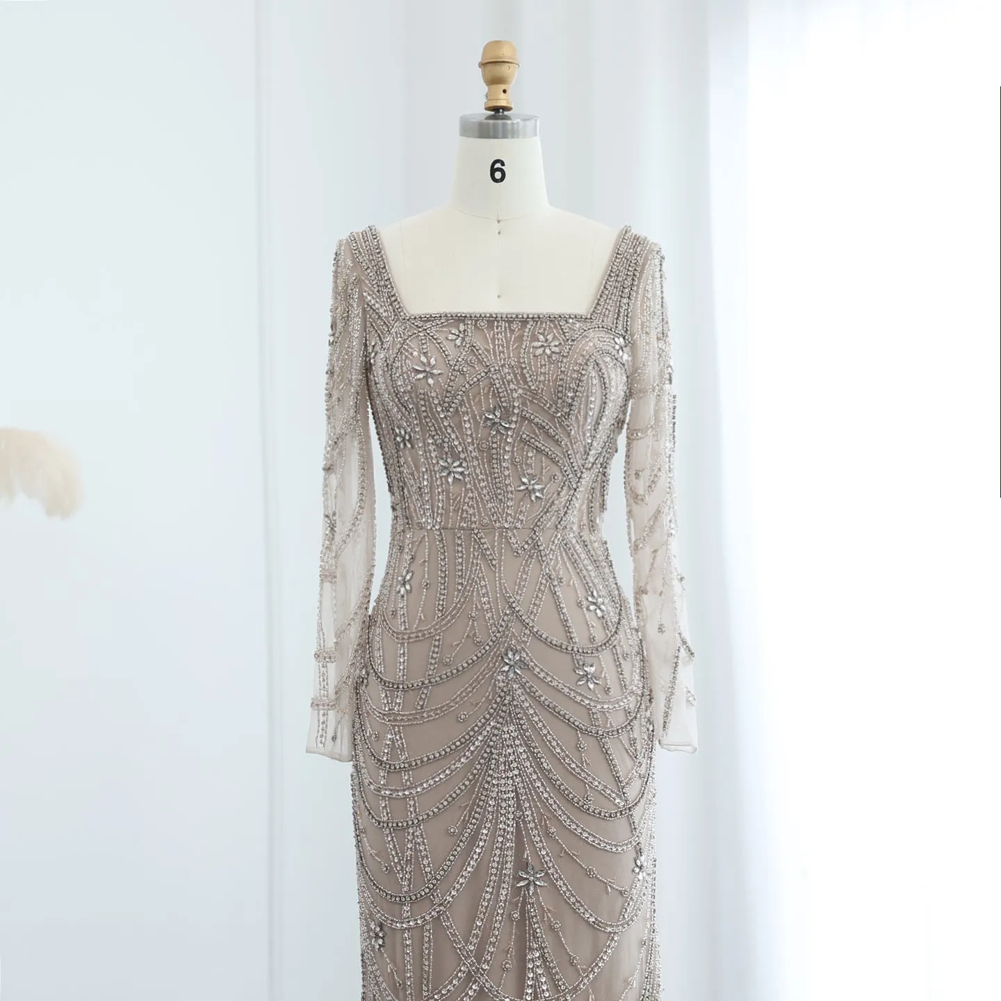 Luxury Green Long Sleeves Square Neck Evening Dress SS163