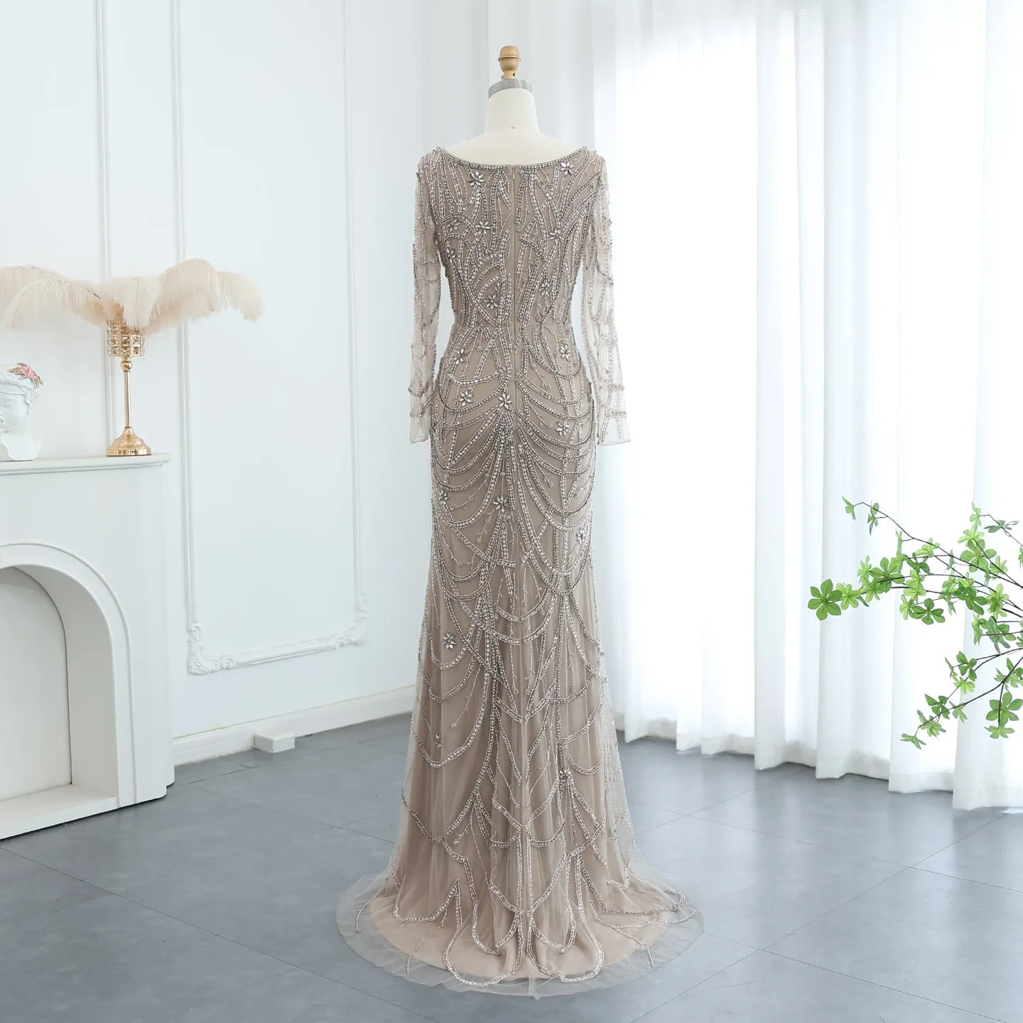 Luxury Green Long Sleeves Square Neck Evening Dress SS163