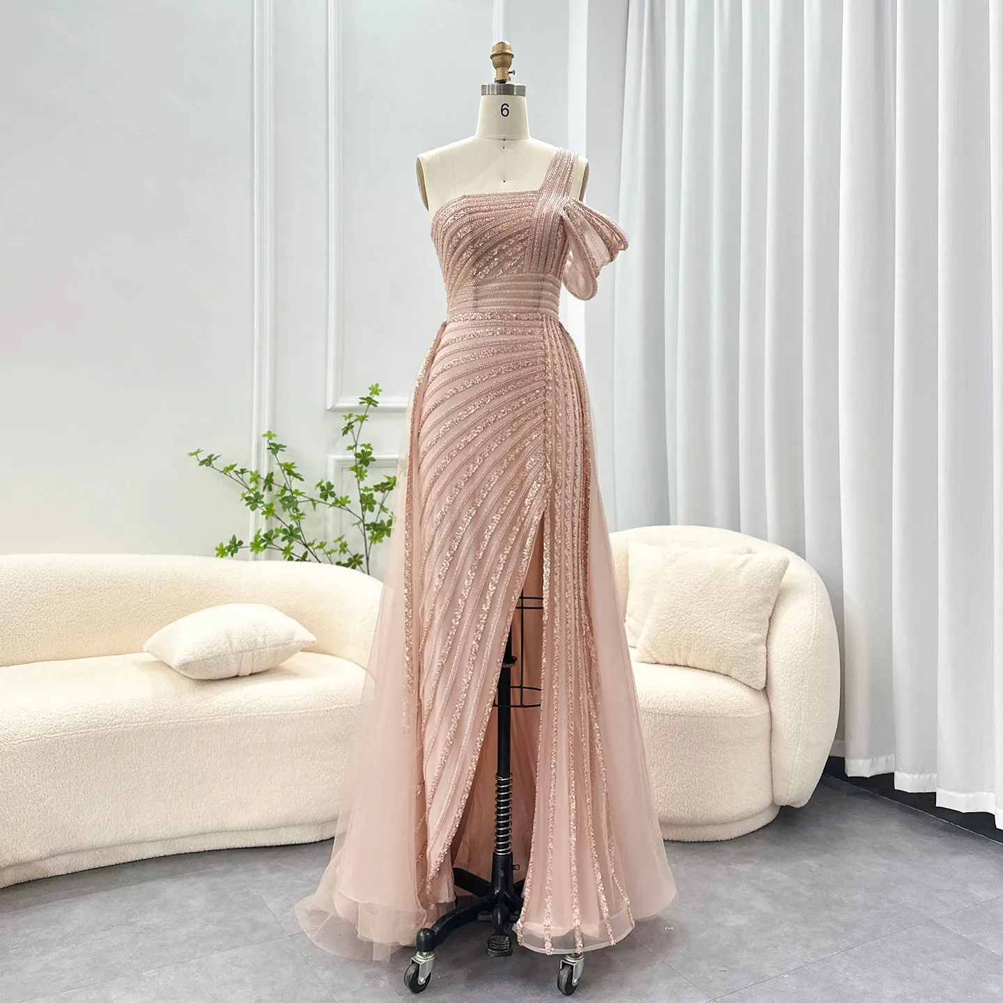 Luxury Green One Shoulder Evening Dress with Overskirt SS016