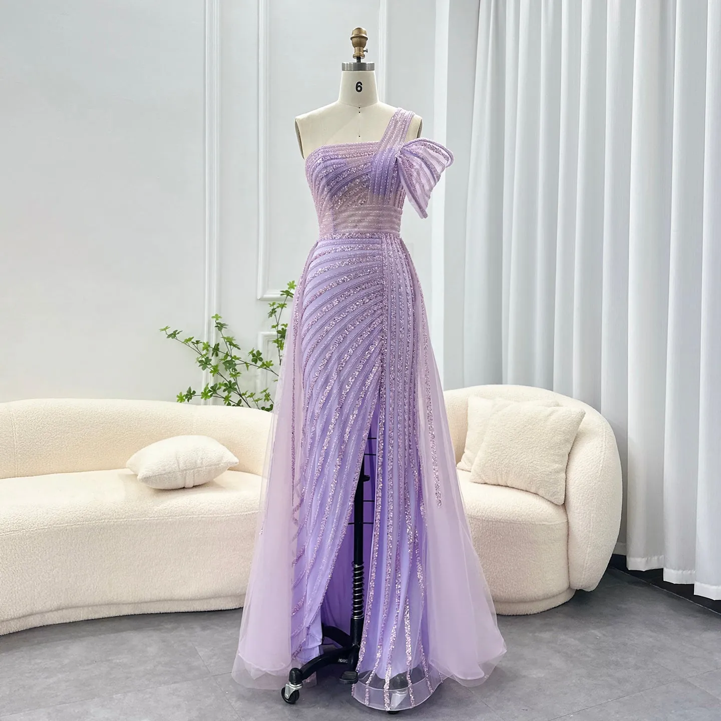 Luxury Green One Shoulder Evening Dress with Overskirt SS016