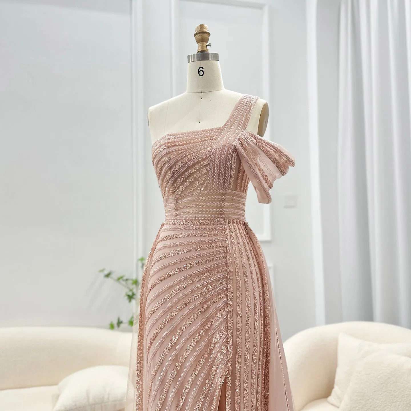 Luxury Green One Shoulder Evening Dress with Overskirt SS016