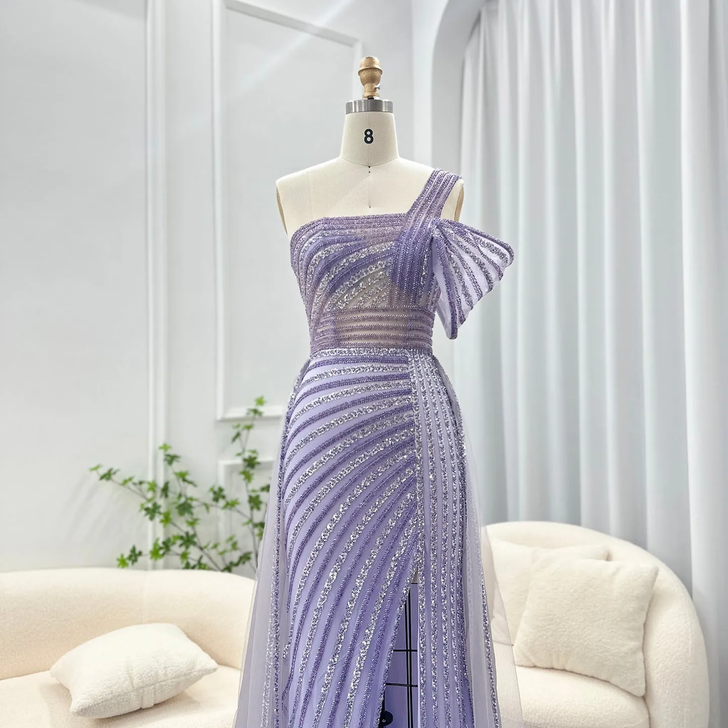 Luxury Green One Shoulder Evening Dress with Overskirt SS016