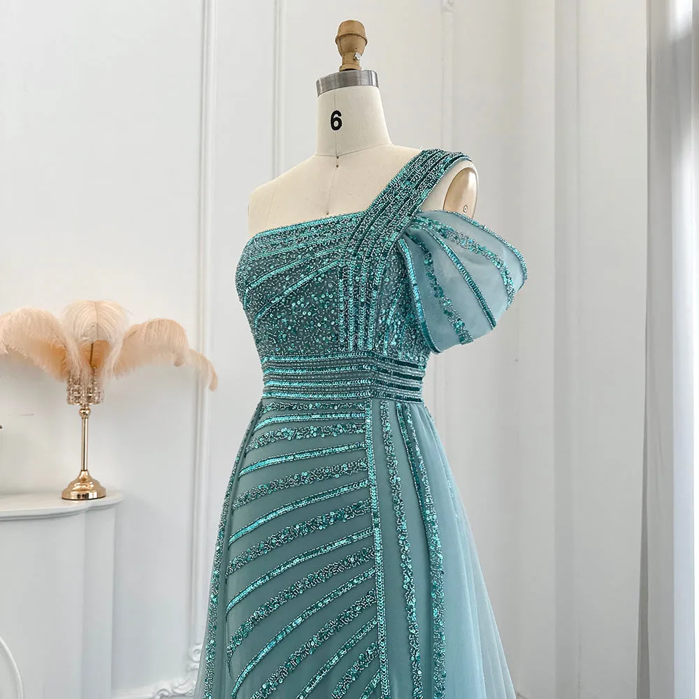 Luxury Green One Shoulder Evening Dress with Overskirt SS016