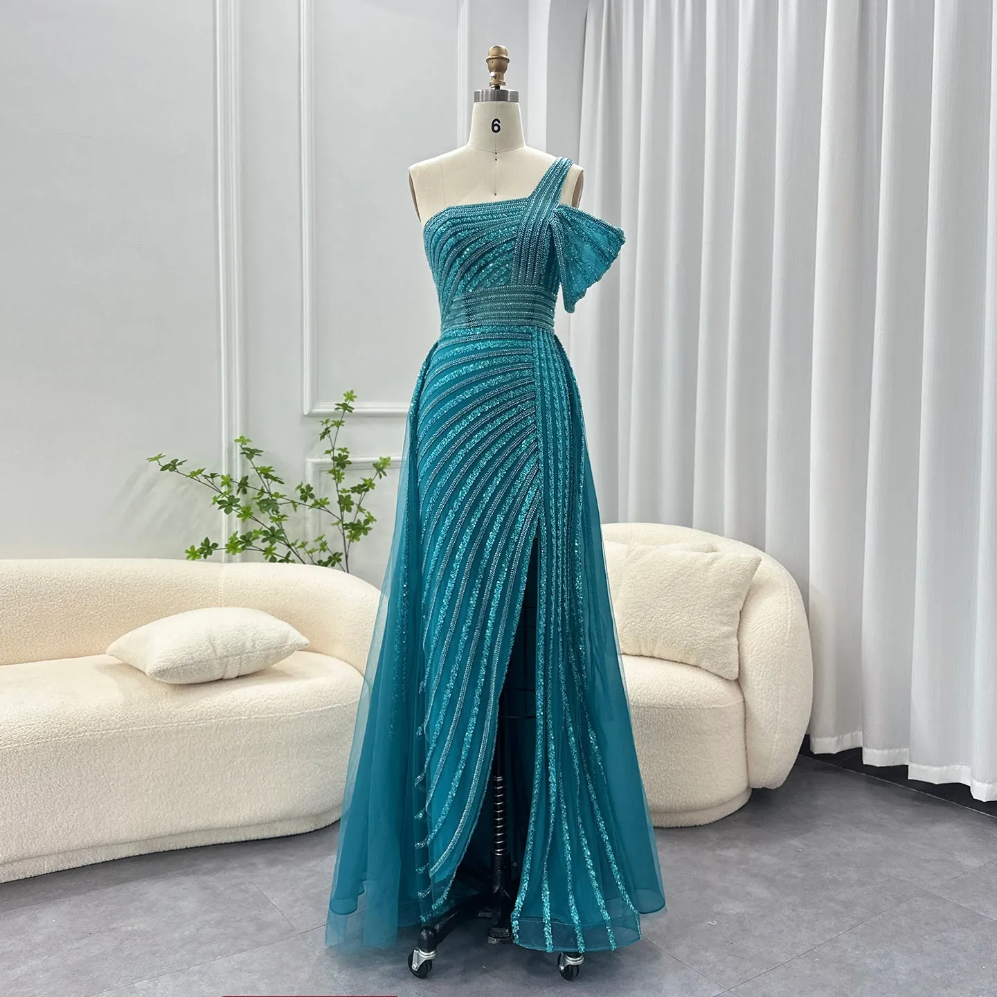 Luxury Green One Shoulder Evening Dress with Overskirt SS016
