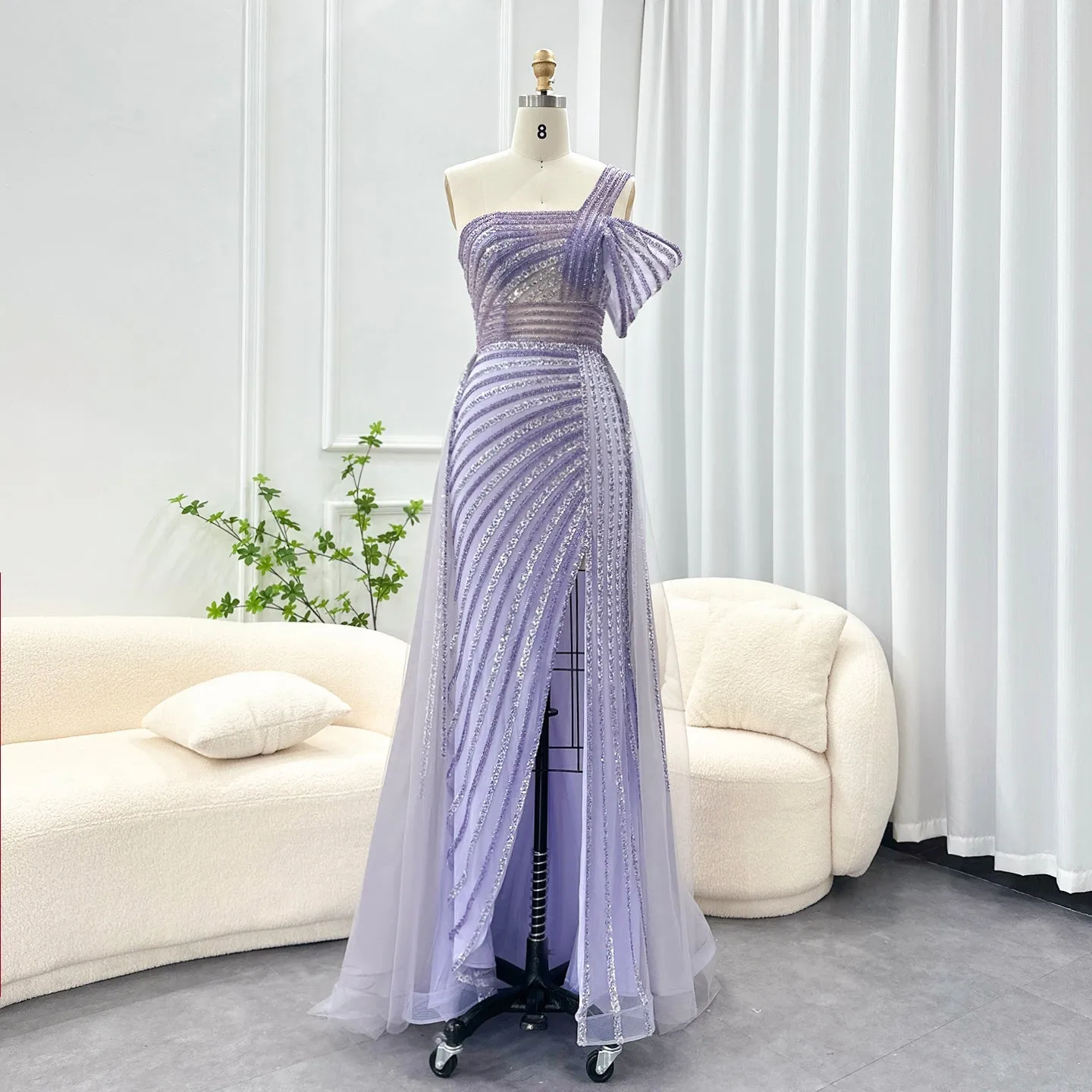 Luxury Green One Shoulder Evening Dress with Overskirt SS016