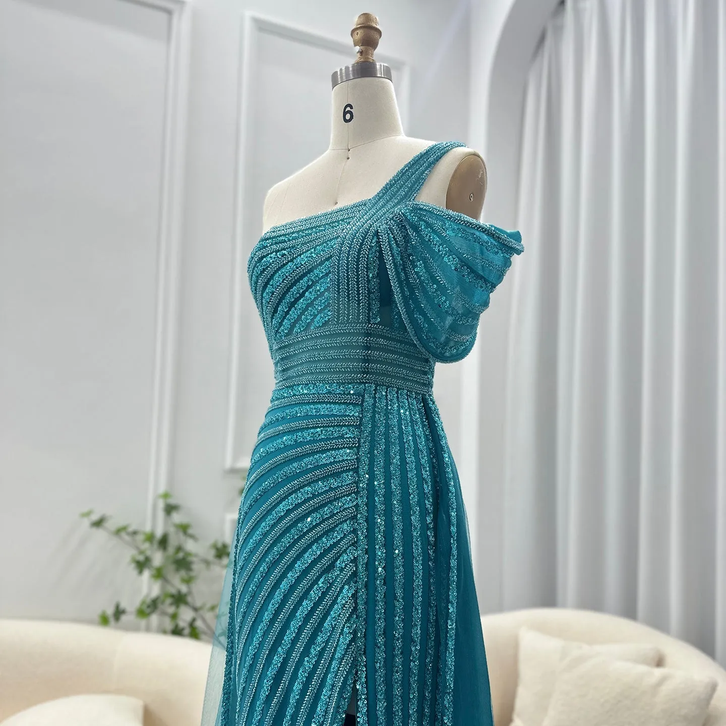 Luxury Green One Shoulder Evening Dress with Overskirt SS016