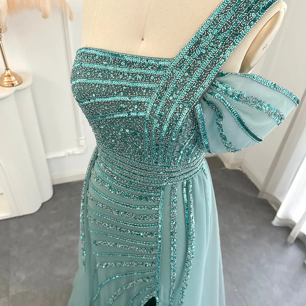 Luxury Green One Shoulder Evening Dress with Overskirt SS016