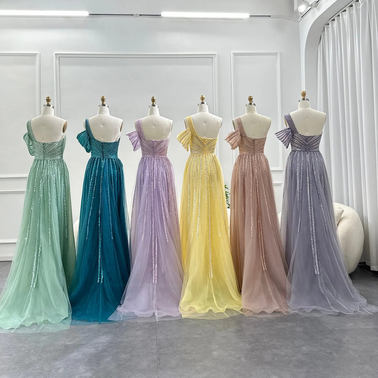Luxury Green One Shoulder Evening Dress with Overskirt SS016