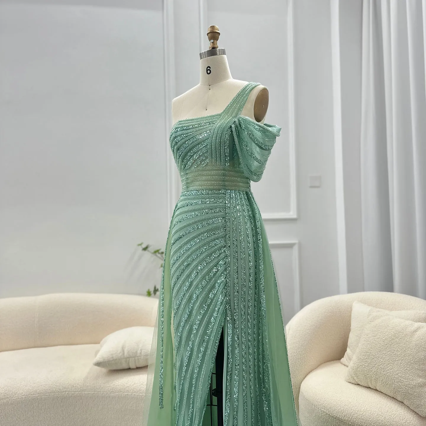 Luxury Green One Shoulder Evening Dress with Overskirt SS016