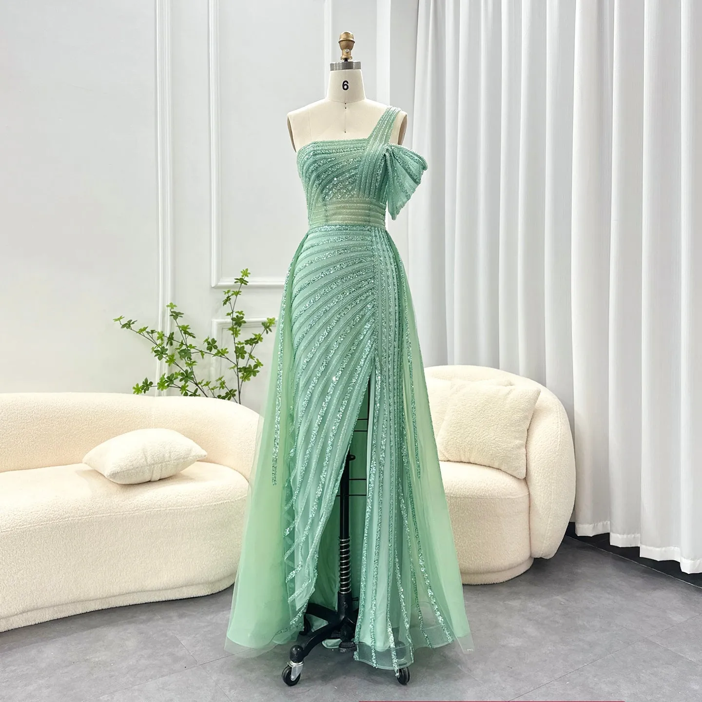 Luxury Green One Shoulder Evening Dress with Overskirt SS016