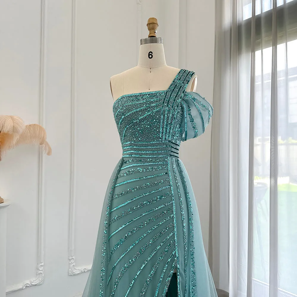 Luxury Green One Shoulder Evening Dress with Overskirt SS016