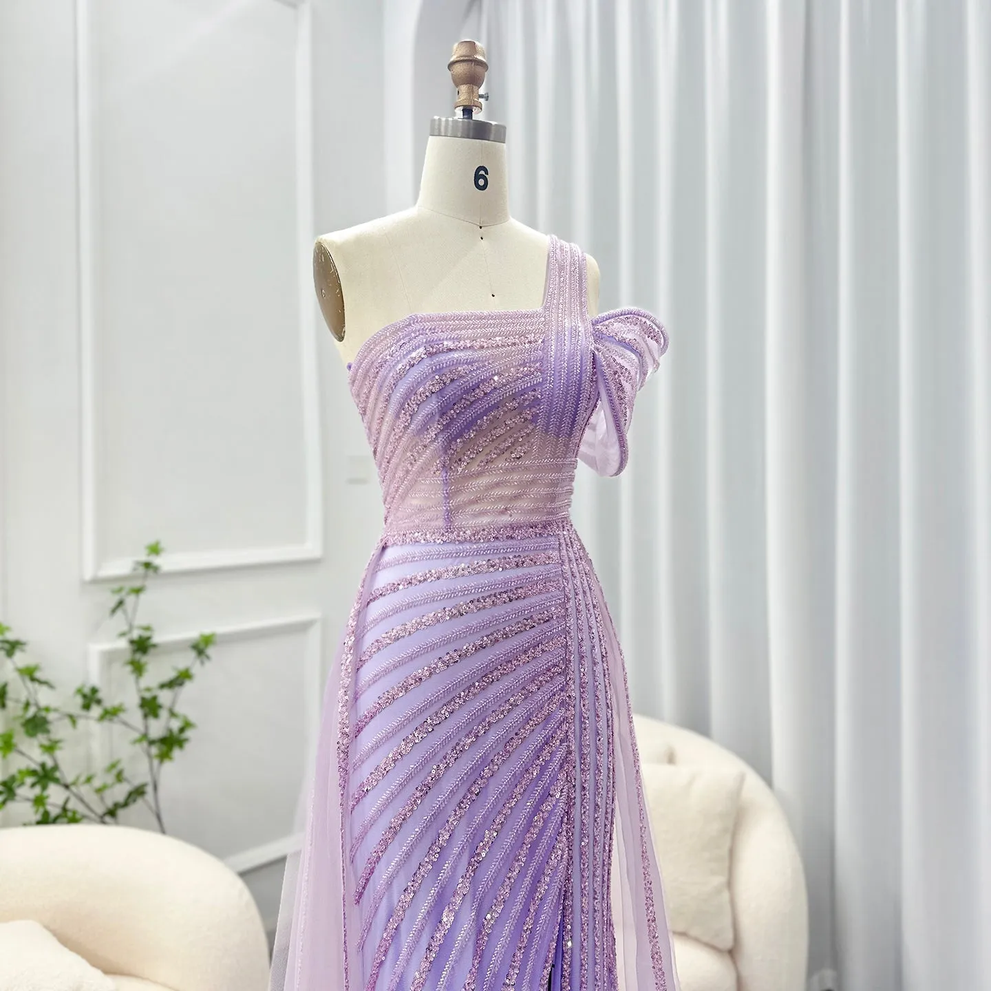 Luxury Green One Shoulder Evening Dress with Overskirt SS016