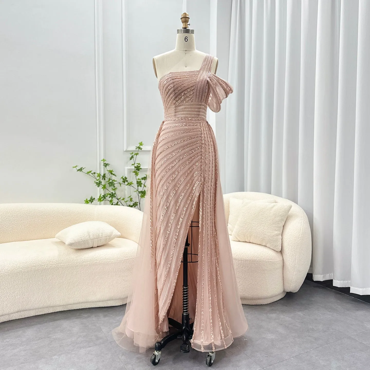 Luxury Green One Shoulder Evening Dress with Overskirt SS016