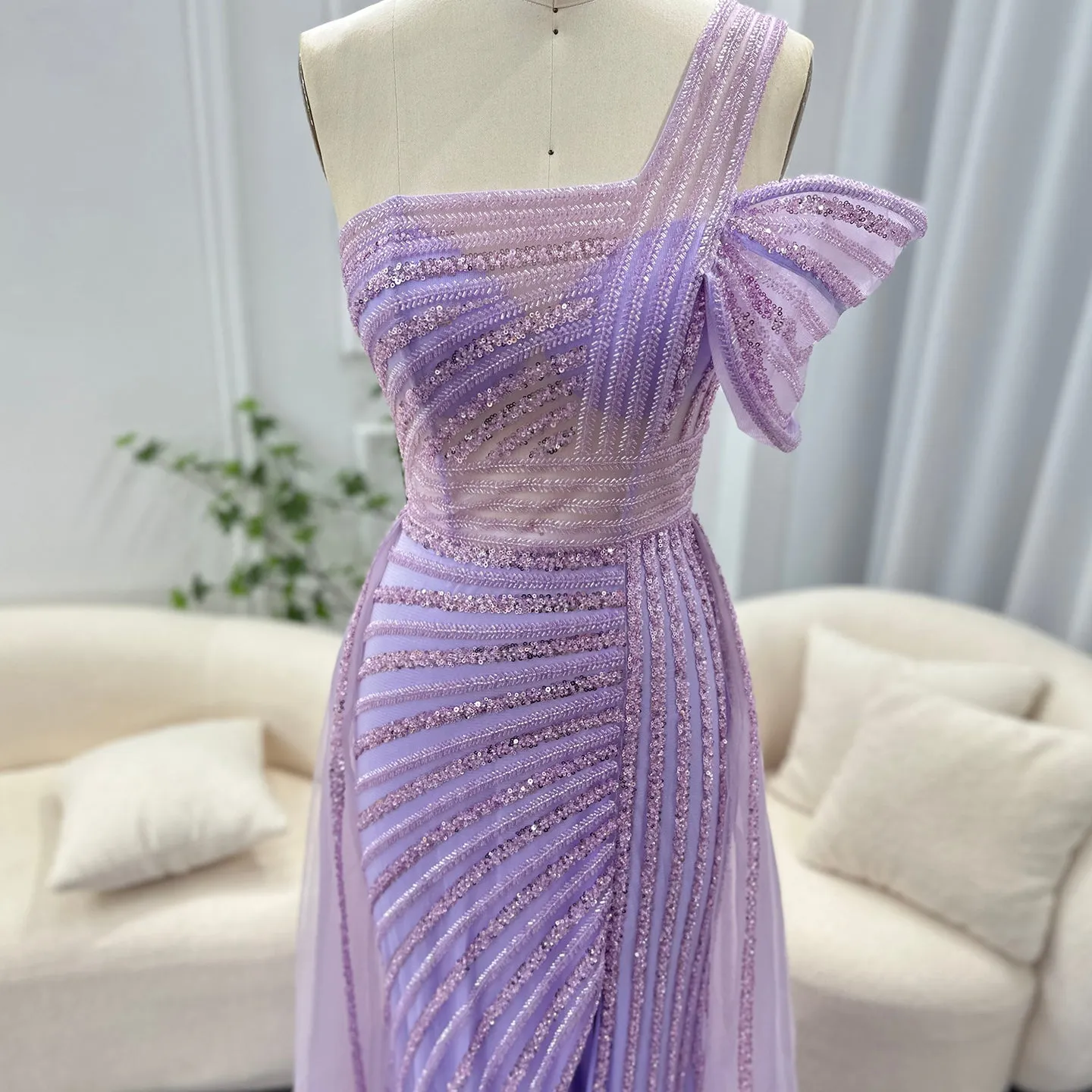 Luxury Green One Shoulder Evening Dress with Overskirt SS016