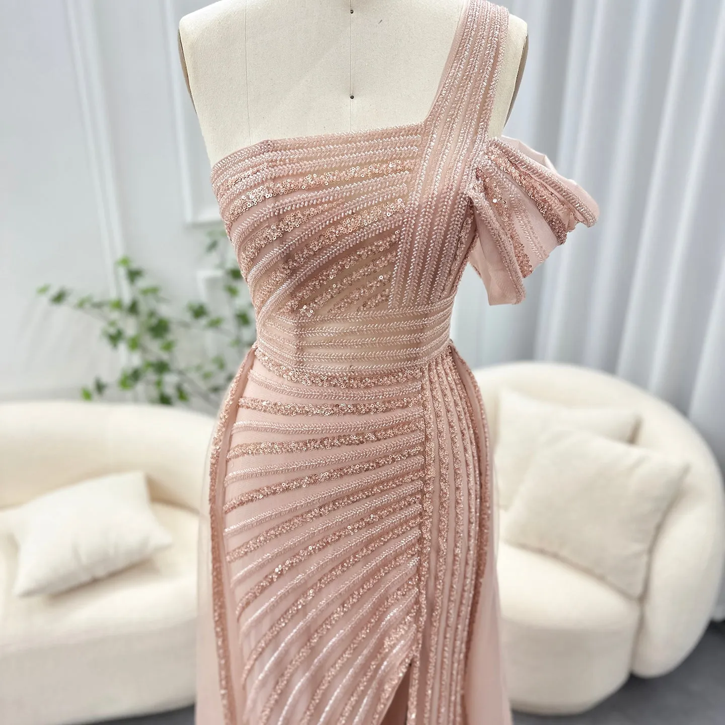 Luxury Green One Shoulder Evening Dress with Overskirt SS016