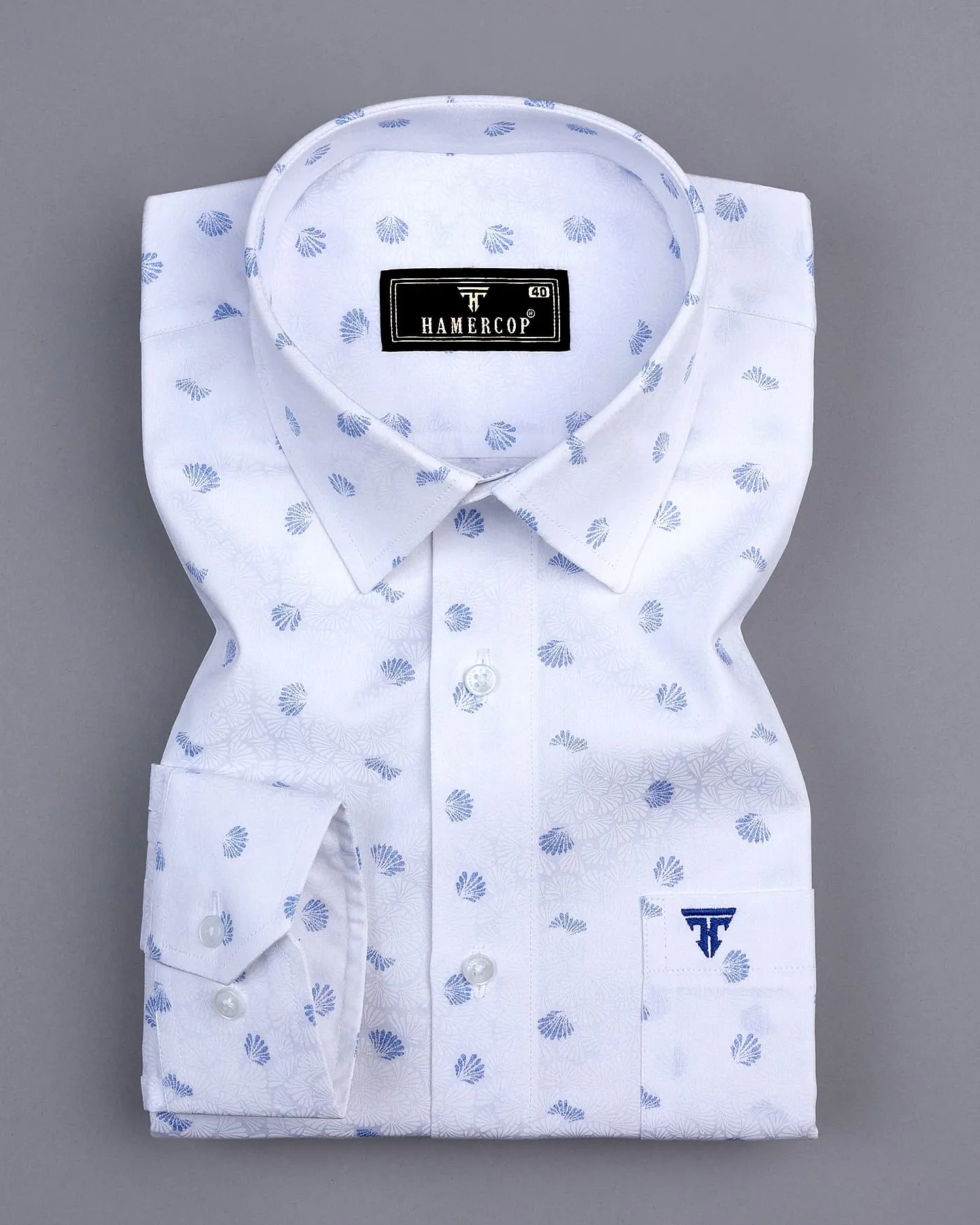 Pigeon Blue With White Printed Satin Cotton Shirt