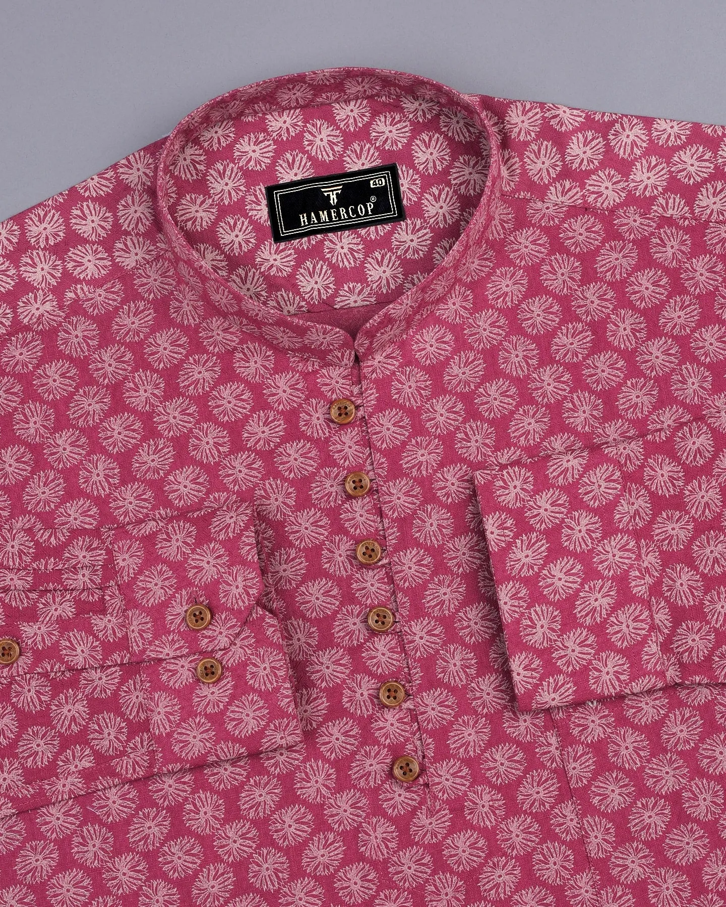 Pink Passion Flower Printed Dobby Cotton Shirt Style Kurta