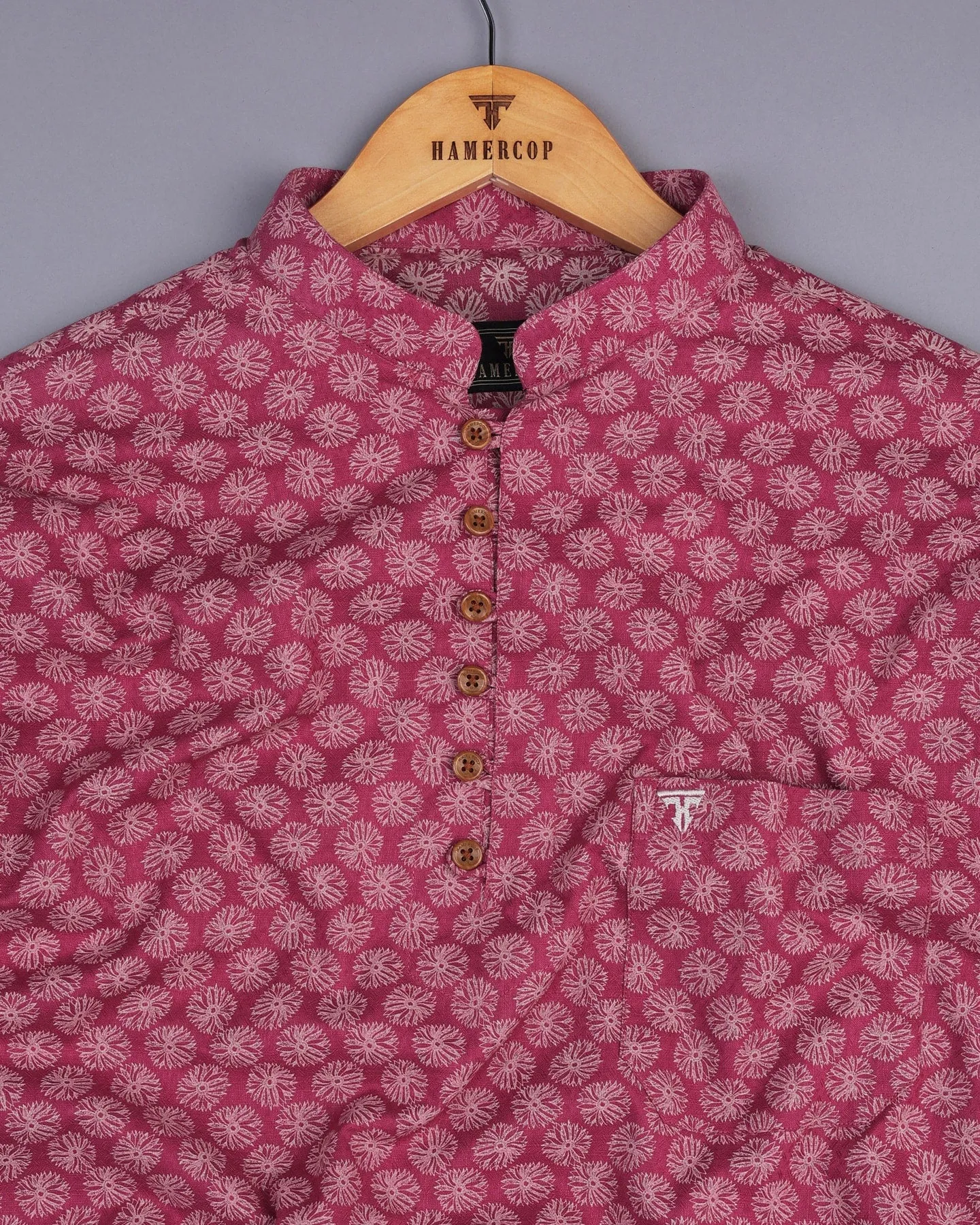 Pink Passion Flower Printed Dobby Cotton Shirt Style Kurta